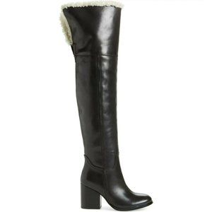 JEFFREY CAMPBELL Woodvurn Black Leather Ivory Fur Over the Knee Boot 8.5